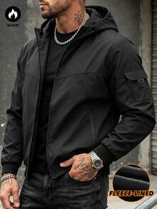 Men's Solid Color Outdoor Casual Sports Jacket With Hood, Multi-Pockets, Thick Thermal Lining, Mountain Style Outerwear - Black - View 2