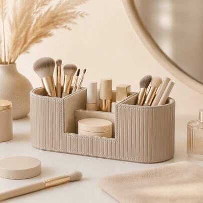 Light Luxury Style PU Leather Makeup Organizer Box, 3 Compartments, Desktop Vanity Makeup Brush & Lipstick Holder