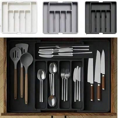 Flatware Organizers, Retractable Cutlery Storage Box, Extendable Large Capacity Utensil Storage Holder, For Drawer, Counter And Cabinet, Kitchen Organizers And Storage, Kitchen Accessories
