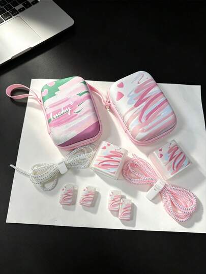 6pcs Pink Watercolor Heart & Leopard Print Data Cable Protector Set With Watercolor Heart & Leopard Print Storage Bag, Matching Pattern Charger Head Protector, Laser Gradient Data Cable & Cable Clip, Shockproof & Drop-Resistant Portable Handheld Storage Bag, Can Store Earphones & Fast Charging Power Bank, Gentle Style Student Commute All-In-One Data Cable Protection Set