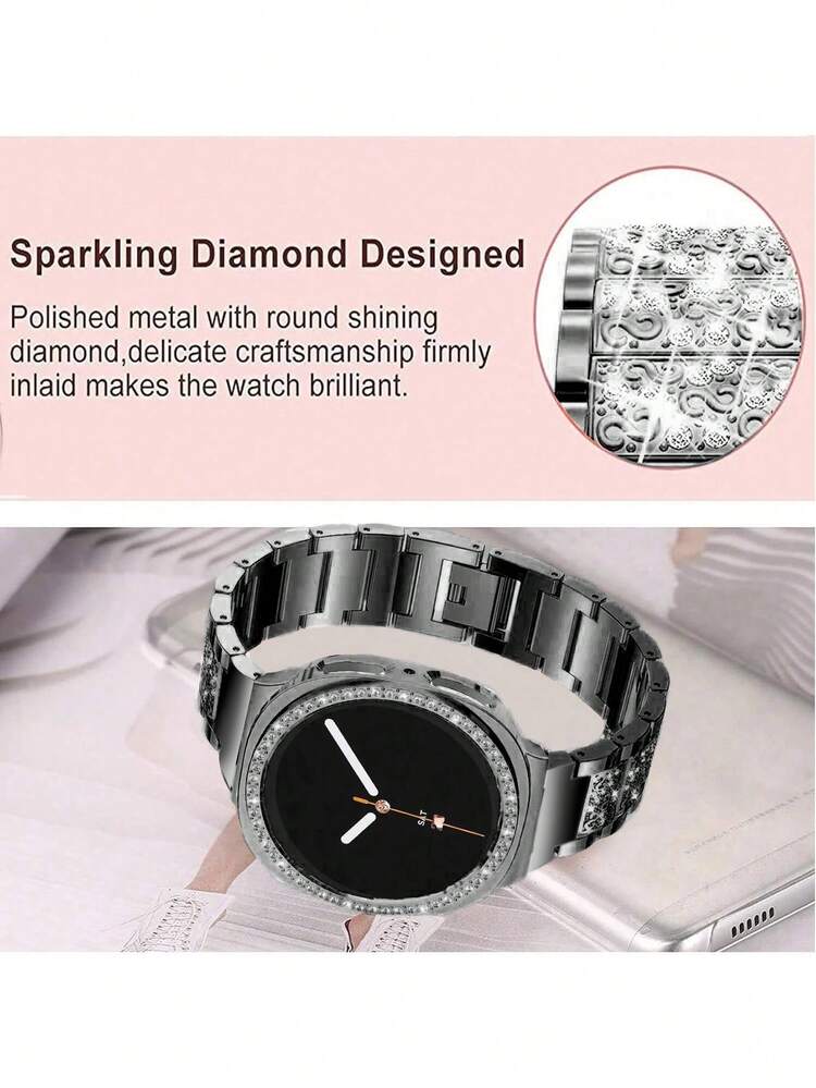 Watch Band + Case For Galaxy Watch 9/8, 1pc Women's Jewelry Shiny Diamond Metal Dress Watch Band + 1pc Shiny Case (Screen Protector Not Included), Compatible With Galaxy Watch 9/8 Classic 46mm Adjustable Replacement Band Accessories Sports Band, Unisex, Compatible With Galaxy Watch 9/8 40mm 44mm - Black + Black Case - View 5
