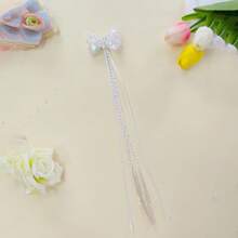 1件裝珍珠亮片薄紗蝴蝶結銀白色編織假髮髮夾，長細緞帶溫柔日常髮飾 - 彩色 - 查看 5
