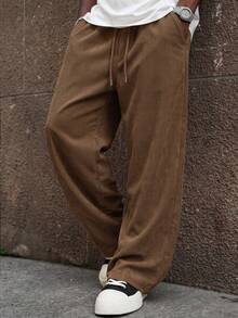 SU ER Men's Casual Loose Drawstring Elastic Waist Corduroy Wide Leg Long Pants With Drape - Brown - View 2