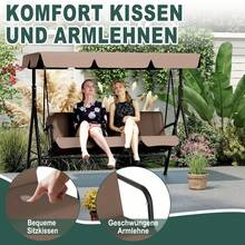 3-Sitzer Hollywoodschaukel mit verstellbarem Dach, Garten Schaukelbank bis 200kg Belastbar, Stabil Stahlgestell für Garten Terrasse Balkon - Braun - Übersicht 7