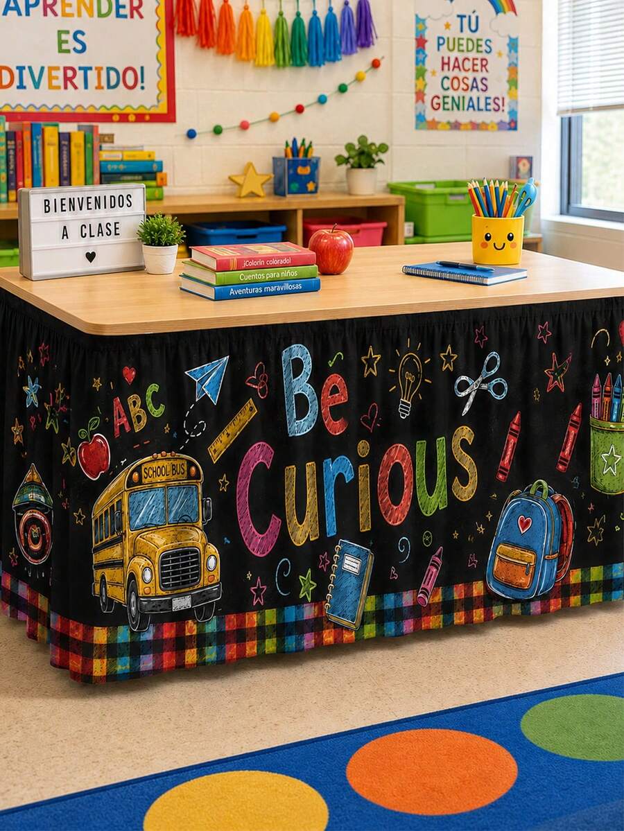 1pc Blackboard Back To School Polyester Table Skirt, Fun Educational Rectangular Table Decor With Letter Title, Yellow School Bus, Backpack And Ruler Print, Suitable For Classroom Decor, Room Decor, Home Decor, Bedroom Decor And Party Supplies - Multicolor - View 1