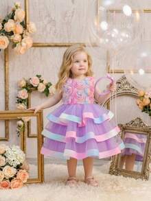 Baby Girls Round Neck 3D Flower Colorful Rose Purple Tulle Cute Birthday Party Princess Dress, Free Headband - Purple - View 4