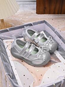 Girls' Double Hook & Loop Mary Jane Shoes, Mesh Breathable Bow Soft Sole Anti-Slip Baby Toddler Walking Shoes, Versatile Lightweight Casual Princess Shoes - Silver - View 6