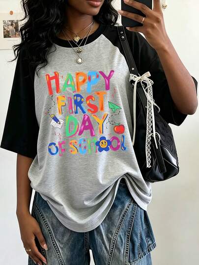 Back To School Raglan Tee Women Happy First Day Of School Graphic Print Colorful Lettering Casual Short Sleeve Summer Top