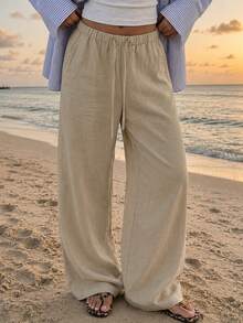 Loose Fit Women's Long Wide Leg Pants With Adjustable Drawstring, Suitable For Beach Vacation And Daily Comfortable Wear - Apricot - View 4