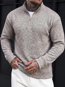 Men's Half-Zip Mock Neck Long Sleeve Knit Sweater, Casual Commute Half-Open Front Pullover - Khaki - View 1