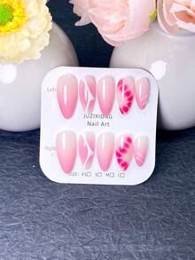 10 Pieces Of Handmade Press On Nails,Nails,Fake Nails,Short Nails,Almond Nails,Pink Nails,With White Wavy Line Patterns,Nails Printed With Pink Petal Water Ripple Texture And Twisted Pink Swirl Accents,Perfect For Daily Wear And Date. - Pink - View 11