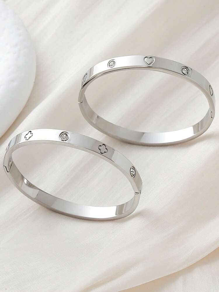 2pcs Fashion Lucky Clover Jewelry Set With Cubic Zirconia Heart Clasp Stainless Steel Bracelet Suitable For Women's Daily And Holiday Wear - 2pcs Multi-style (Silver) / Set - View 1