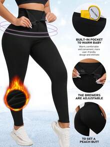 1pc Black High Waist Front Button Waist Zipper Warm Lined Sports Leggings - Black - View 3
