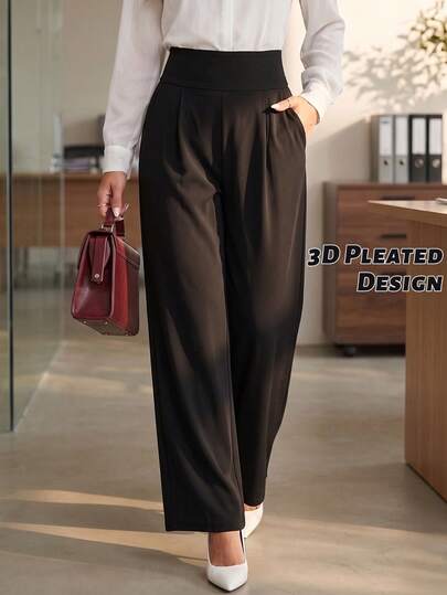 1 buah Celana Panjang Wanita Hitam Elastis Pinggang Tinggi Kaki Lebar, Pinggang Elastis dengan Saku, Celana Kasual Kantor Klasik yang Jatuh, Celana Kerja Minimalis