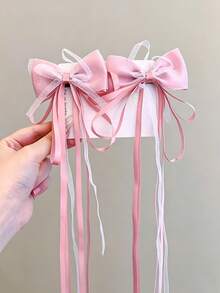2pcs Macaron Color Satin Pearl Luster Tulle Long Ribbon Bow Hair Clips, Suitable For Children, Non-Slip Alligator Hair Clip Base, Multiple Colors Available, Children's Daily Accessories/Performance/Photography - Multicolor - View 3