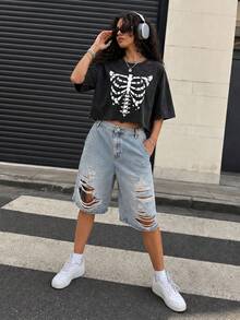 Women's Halloween Gothic Skull Print Cropped T-Shirt, Dark Punk Street Style Party Top Sports - Black - View 8