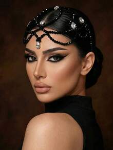 1pc Luxury Fashion Crystal Beaded Rhinestone Bridal Headband, Personalized Wedding Banquet Party Hair Accessory - Black - View 4