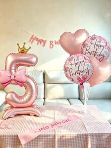 立式數位領結與生日圓形氣球套組，適用於生日派對、聚會裝飾、週年慶祝、節日慶典、背景牆、戶外派對場景佈置 - 粉紅色站立數字搭配愛心圓球蝴蝶結氣球 - 查看 7