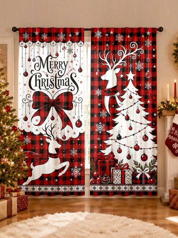2pcs Buffalo Plaid Christmas Curtains, Rustic Lumberjack Reindeer & Vintage Christmas Tree Pattern, Red & Black Buffalo Check, Winter Farmhouse Style Curtains, Cozy Holiday Decor, Living Room Curtains