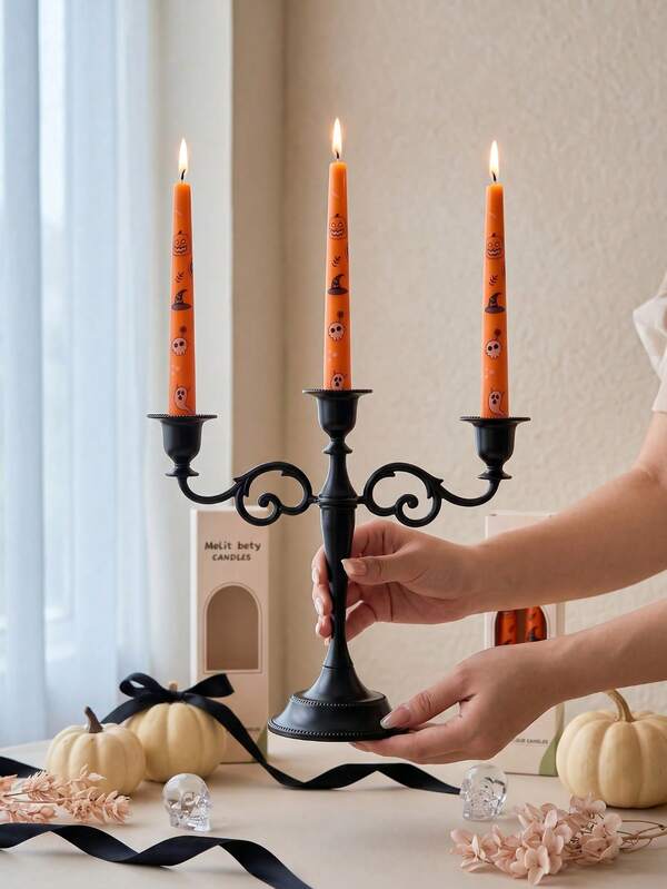1 Set/1pc Vintage Metal 3-Arm Curved Candlestick + Halloween Print Long Taper Candle, French Vintage Luxury Style Multi-Head Candle Base, Suitable For Dining Table/Bedroom/Candlelight Dinner Atmosphere Decoration, Wedding/Candlelight Dinner/Birthday Party Atmosphere Decoration, Smokeless Aromatherapy Decoration, Suitable For Tabletop Centerpiece Decoration, Candlelight Dinner Table Decoration, Home Decor, Room Decor, Gift For Good Friends, Aromatherapy Diffuser, Bedroom Furniture, Wedding Anniversary Coordination, Decorative Crafts, Kitchen Decor, Halloween Dining Table Centerpiece Decoration
