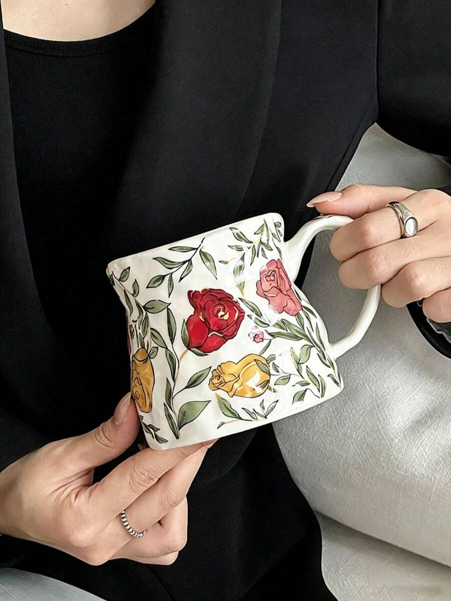 1pc Vintage Ceramic Mug, Highly Attractive Exquisite Coffee Cup, Romantic Rose Latte Cup, Niche Creative Gift - Multicolor - View 1