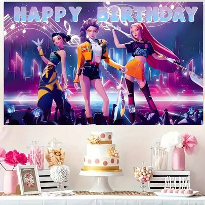 KPop Demon Hunters Authorized 1PC Cool Girl Theme Birthday Party Decoration Backdrop (210*150/200*140/180*135/150*100/100*75CM), Cool Korean Pop Girl Group Happy Birthday Photography Background, Perfect For K-Drama Fans, Birthday Growth Ceremony Party Wall Decor Banner