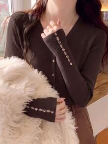 Áo cardigan len gân cổ chữ V nữ thu 2026, dáng ôm, tay dài, màu trơn, áo khoác/áo mặc trong đa năng cài nút đơn, áo len cơ bản đi làm - màu nâu - Xem 3