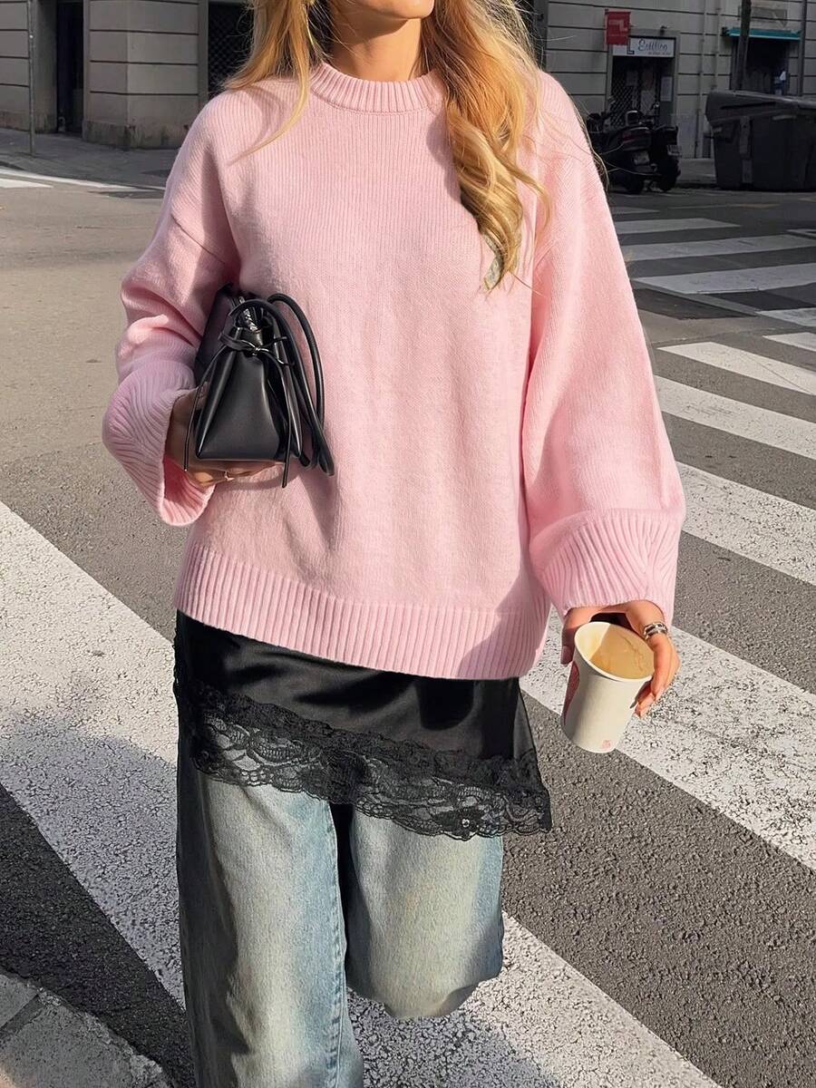 Fall Winter Women Sweaters Y2K Soft Baby Pink Oversized Crew Neck Drop Shoulder Slouchy Knit Loose Pullover Top Back To School Outfits - Pink - View 1