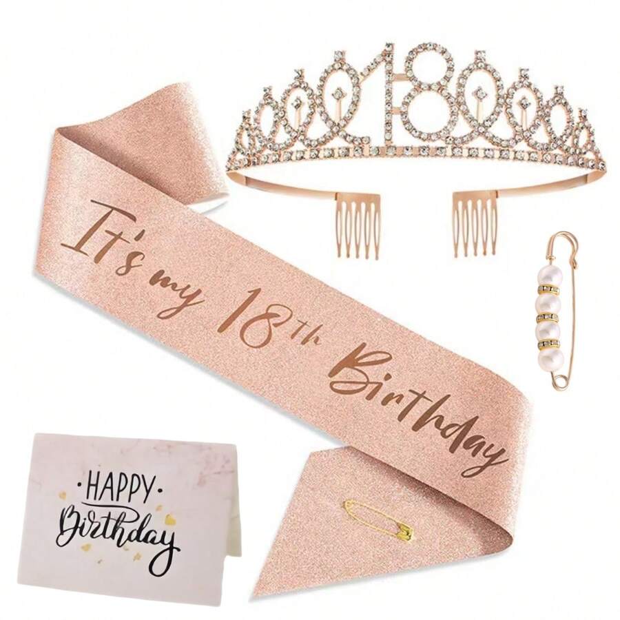 18th Birthday Gold Decorations, Adult Birthday Gift For Her, 18th Birthday Gift For Women, 18th Birthday Party Gift, 18th Birthday Sash And Crown + Ins Foil Style Foldable Birthday Card + Faux Pearl Brooch - 18 Years Old - View 1
