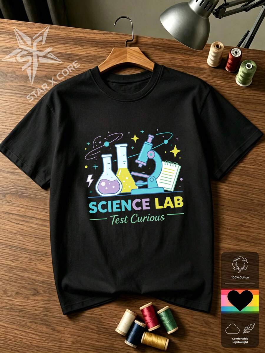 SCIENCE LAB Fun Lab Print Cotton Short Sleeve T-Shirt Science Lover Style Chemistry Gift - 黑色 - 查看 1