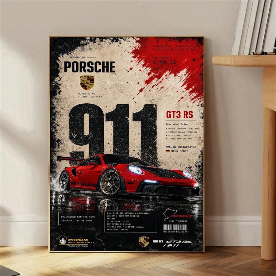 1PC Porsche 911 GT3 RS Vintage Grunge Canvas Wall‑Art, Nurburgring Lap Record And Car‑Specs Poster, Unframed Canvas Print For Car Lovers Garage Bedroom Man‑Cave Wall Decor - GT3 RS - View 1