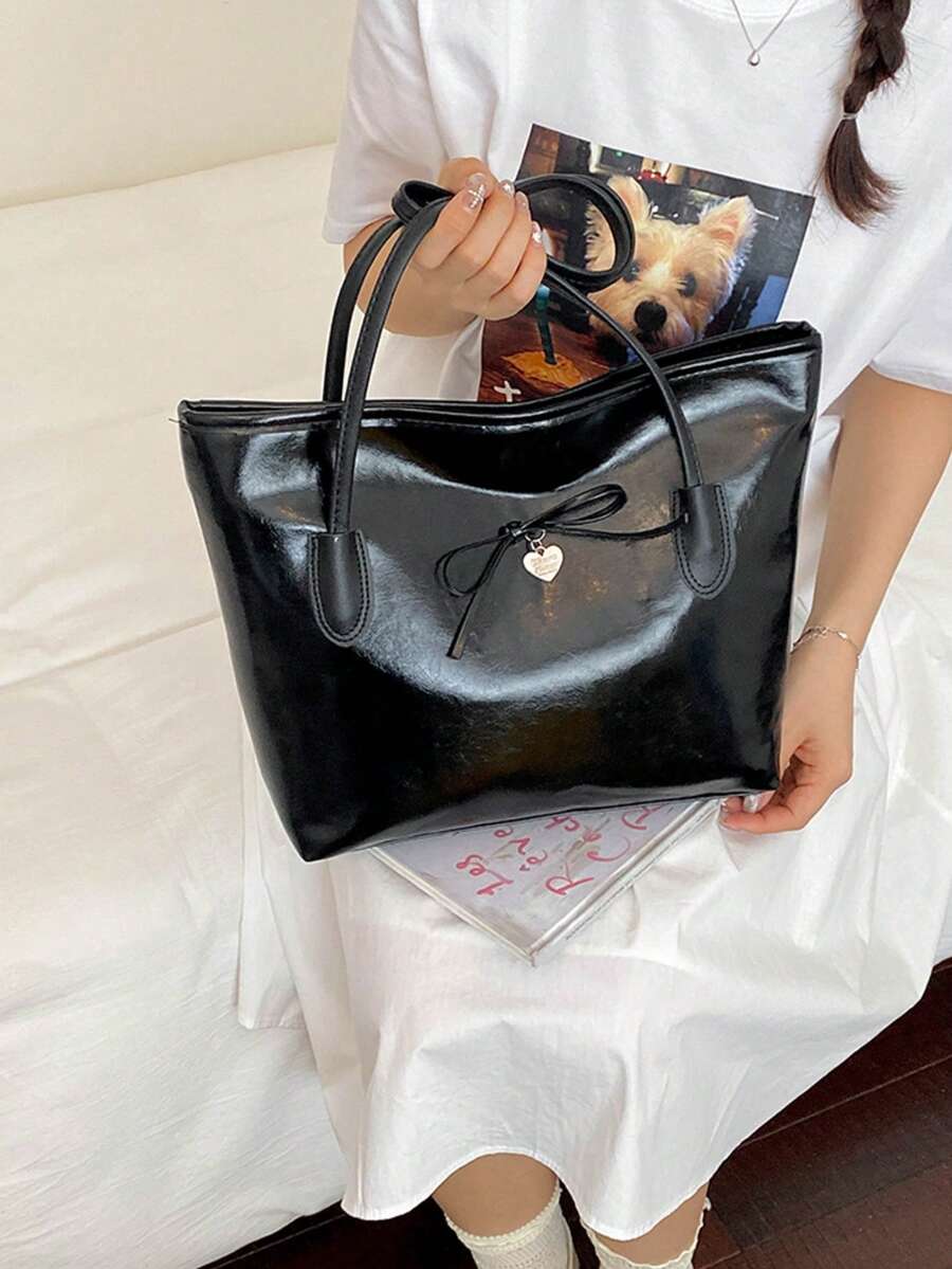 1件裝黑色蝴蝶結裝飾PU女款托特包，時尚大容量日常休閒個性百搭托特包