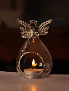 1pc Modern Transparent Glass Angel Candle Holder With Wing Design, Round Decorative Vase, No Battery Required, Home Centerpiece Decor, Ambient Lighting, Angel Shaped, Exquisite Holiday Gift - Multicolor - View 2
