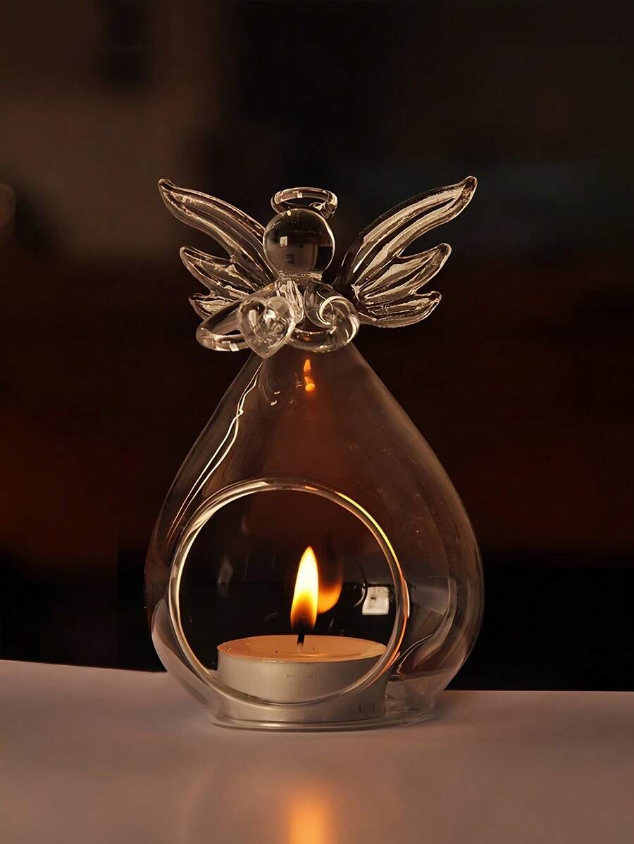 1pc Modern Transparent Glass Angel Candle Holder With Wing Design, Round Decorative Vase, No Battery Required, Home Centerpiece Decor, Ambient Lighting, Angel Shaped, Exquisite Holiday Gift