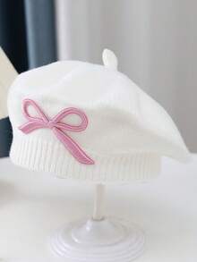 1 Peça Boina de Bebê Outono/Inverno, Gorro de Lã Tricotado, Chapéu de Pintora Versátil e Estiloso para Meninas - Laço bordado - Visão 2