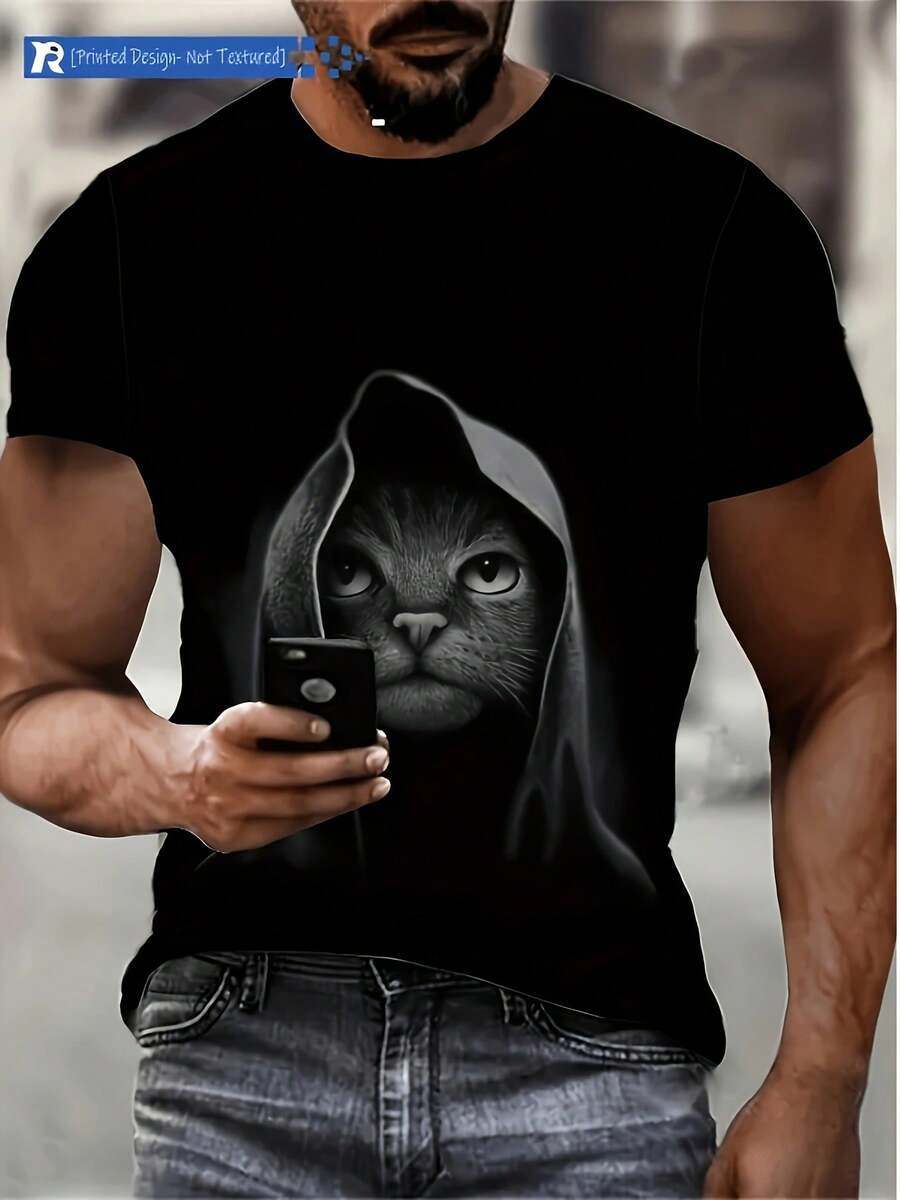 [Printed Design - No Texture] Men's Fashion T-Shirt, Classic Design, With Digital Printing And High-Definition Patterns, Comfortable V-Neck T-Shirt. - 白色 - 查看 1