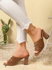 1 Pasang Sandal Hak Tinggi Kasual Elegan Warna Polos untuk Aktivitas Luar dan Dalam Ruangan di Musim Panas - Coklat - View 4