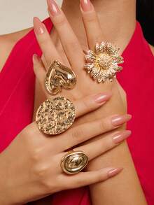 Altistry 4pcs/Set Gold Flower & Heart Shaped Ring Set, Thick Boho Style Rings For Women, Spring/Summer - Gold - View 1