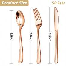 150PCS Rose Gold Plastic Silverware, Rose Gold Utensil Disposable, Plastic Cutlery Set Of 50 Forks, 50 Spoons, 50 Knives For Wedding, Party, Valentines - Rose Gold - View 2