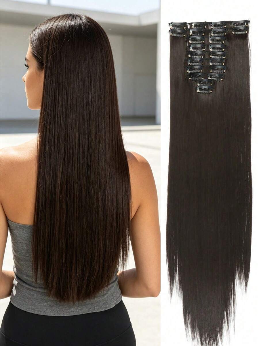 24-Inch 12pcs Brown Clip-In Hair Extensions, Straight Synthetic Hair Extensions, Suitable For Women And Girls Daily Use