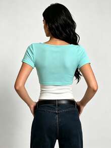 Women V Neck Crop Tops Solid Color Short Sleeve Slim Fit Tie Front T-Shirt - Green - View 6