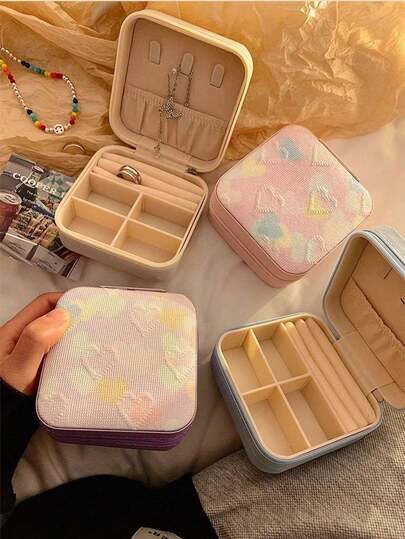 1pc Heart Print Jewelry Storage Box, Travel Storage Box, Jewelry Box, Leather Storage Box, Earring Necklace Ring Jewelry Storage Box Display Rack, Wedding Gift Box, Wedding Jewelry Box, Wedding Supplies, Jewelry Box With Mini Ring Storage Box