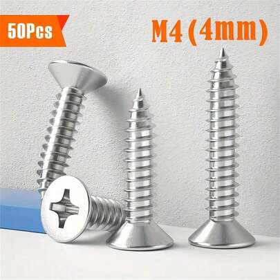 50pcs/M4 (4mm) A2 Stainless Steel Flat Head Self-Tapping Screws, Plum Blossom Tool Woodworking Cabinet Hinge Small Screws, Nails, High Strength Reinforced, Suitable For Home, Woodworking, DIY Projects