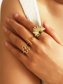 3pcs Stainless Steel 18K Gold Plated Open Geometric Line Rings, Inlaid With Brown Tiger Eye Stone, Adjustable Size, Suitable For Women's Daily Wear Or As A Gift - Gold - View 3