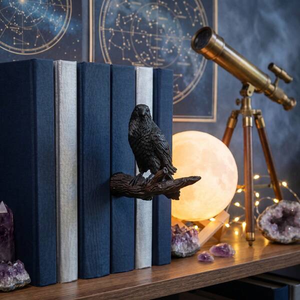 Crow Bookend, Decorative Branch Crow Bookshelf Decor, Gothic Home Office Desk Decoration, Unique Bookend For Book Lovers, Sturdy Plastic Black Crow Statue