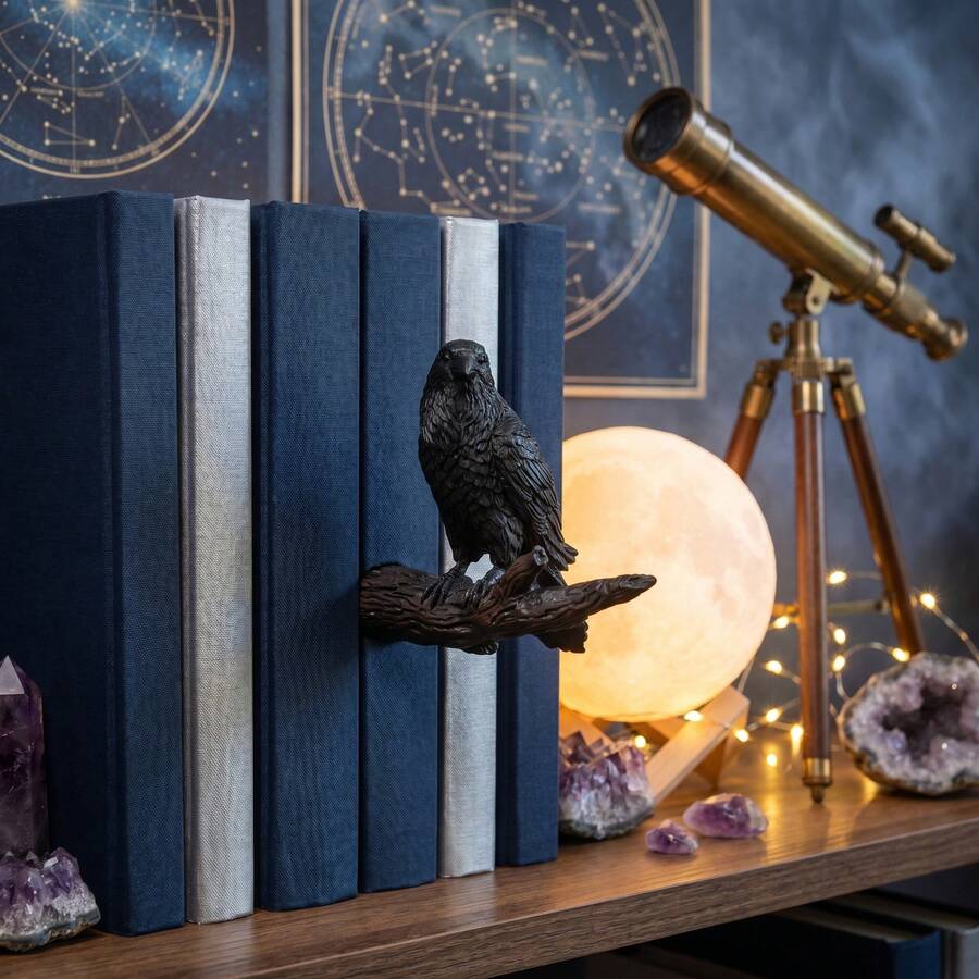 Crow Bookend, Decorative Branch Crow Bookshelf Decor, Gothic Home Office Desk Decoration, Unique Bookend For Book Lovers, Sturdy Plastic Black Crow Statue
