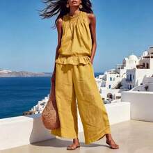 New Summer Casual Linen Two-Piece Women's Sleeveless Ruffled Wide-Legged Pants Suit - 黃色 - 查看 1
