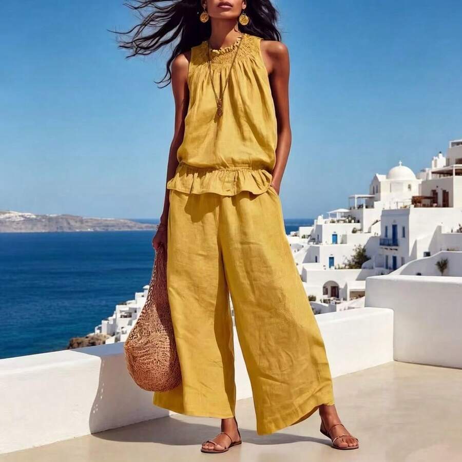 New Summer Casual Linen Two-Piece Women's Sleeveless Ruffled Wide-Legged Pants Suit - 黃色 - 查看 1