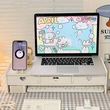 3-Drawer Cute Rabbit Monitor Stand, PVC Desktop Organizer With Storage Shelf And Keyboard Stand, Soft Color Tone, Playful Design, Suitable For Home, Study, Office Work - White - View 2