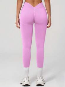 KyrLssu Plain High Rise V Waistback Sports Leggings, Stretch Skinny Workout Running Tights For Daily & Gym Wear - Pink - View 4